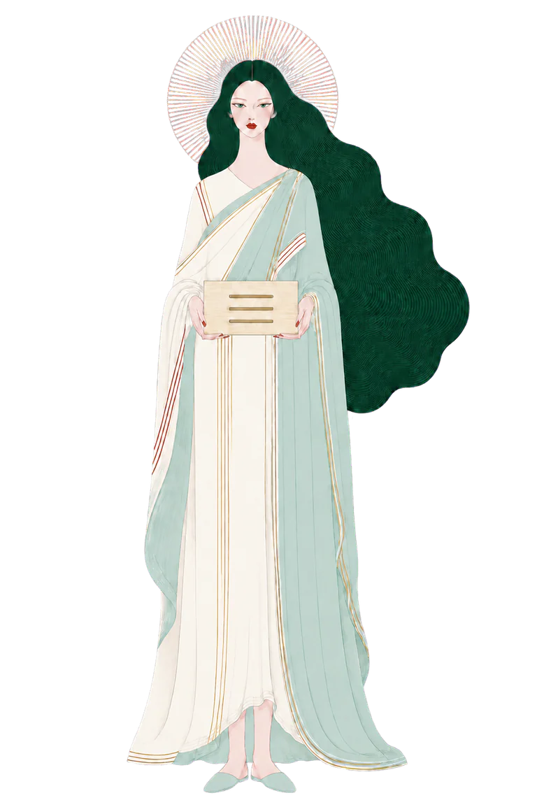 Fulla, the illustrated keeper, holding a wooden ledger coffer