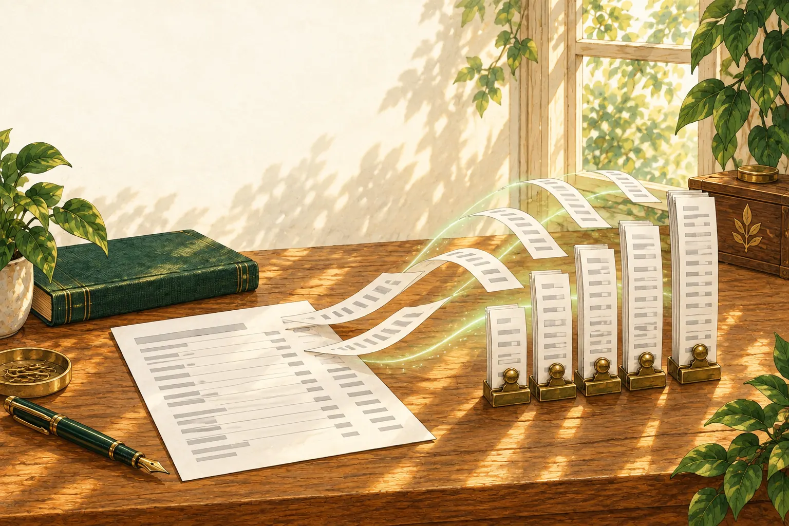 Statement lines lifting from a printed page into neat stacks of rows in brass holders