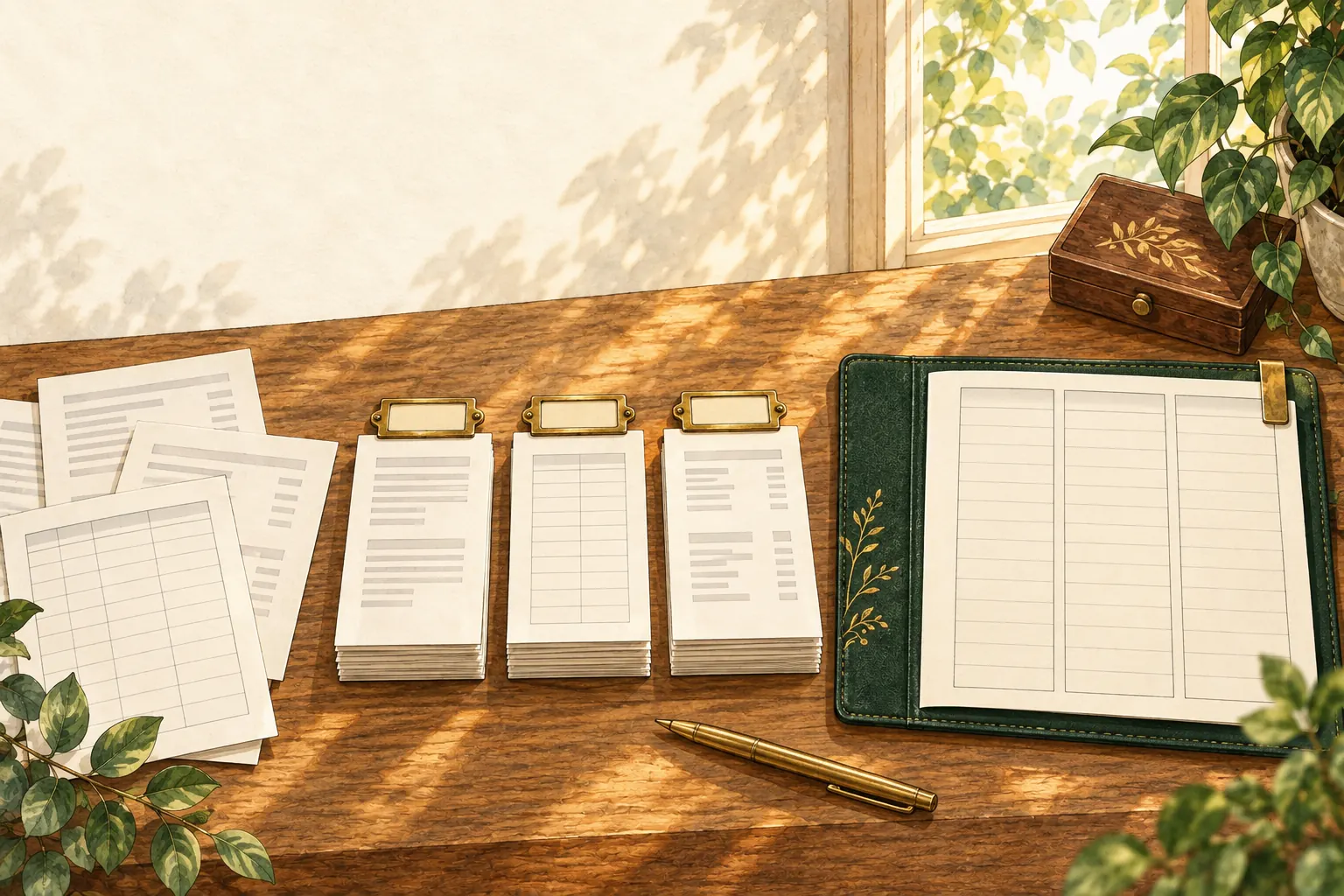 Loose statement sheets sorted into three labeled stacks beside a ruled column ledger