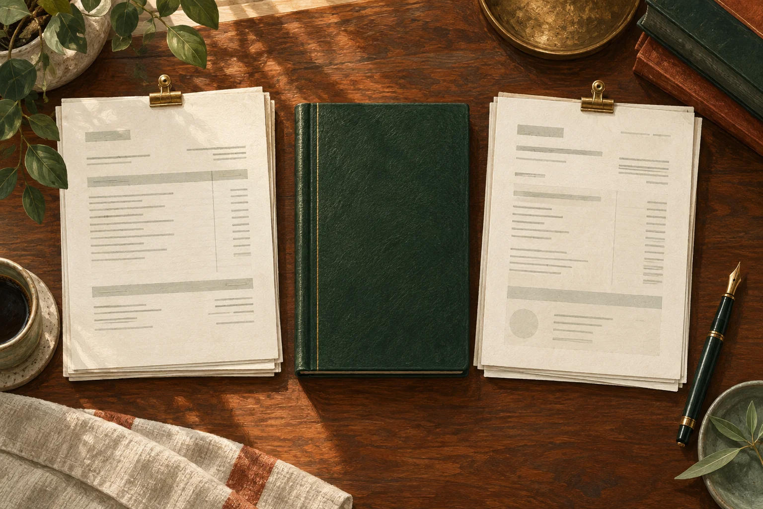 Two paper packets set beside a green ledger for comparison
