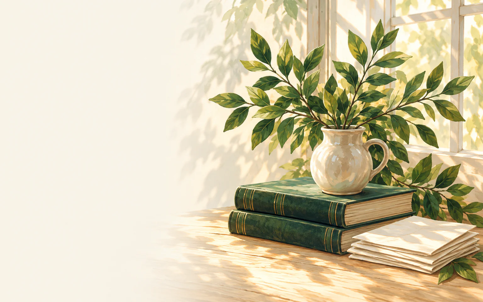 Reference books, folded notes and leafy branches in warm daylight