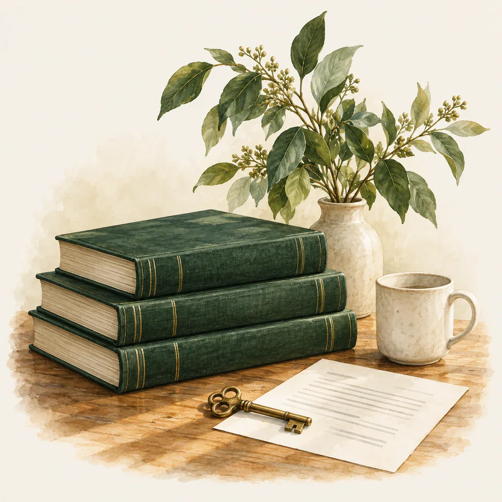 Three green ledgers stacked beside a brass key and a written page