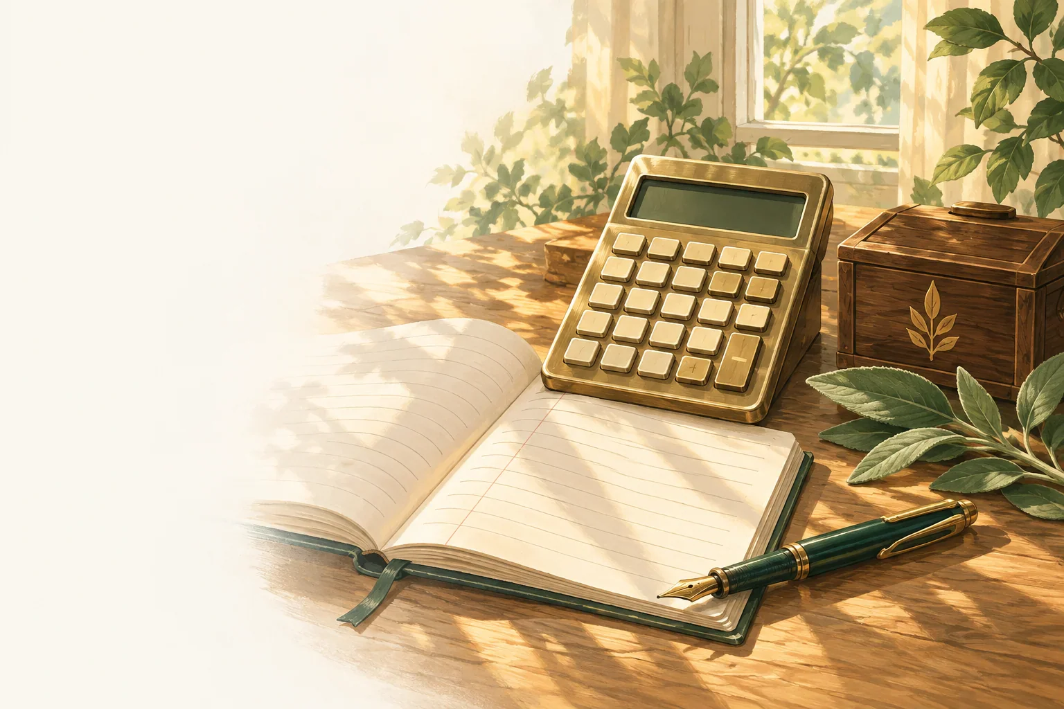 A brass calculator and open ledger on a sunlit desk