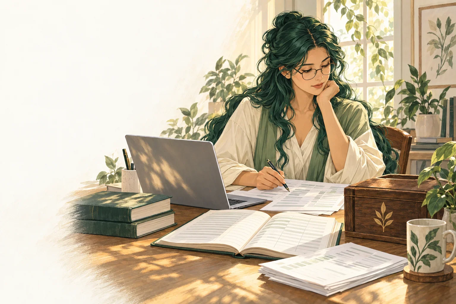 Fulla reviewing client statement papers at a sunlit desk
