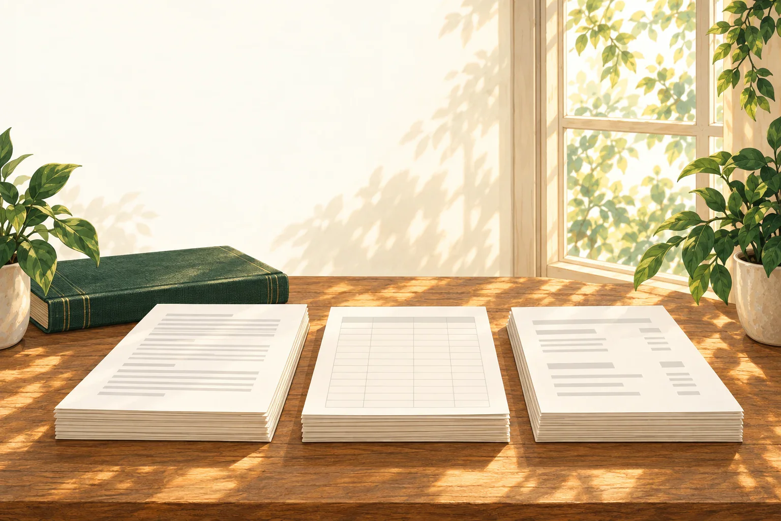 Three prepared stacks of records arranged for different data handoffs on a sunlit desk