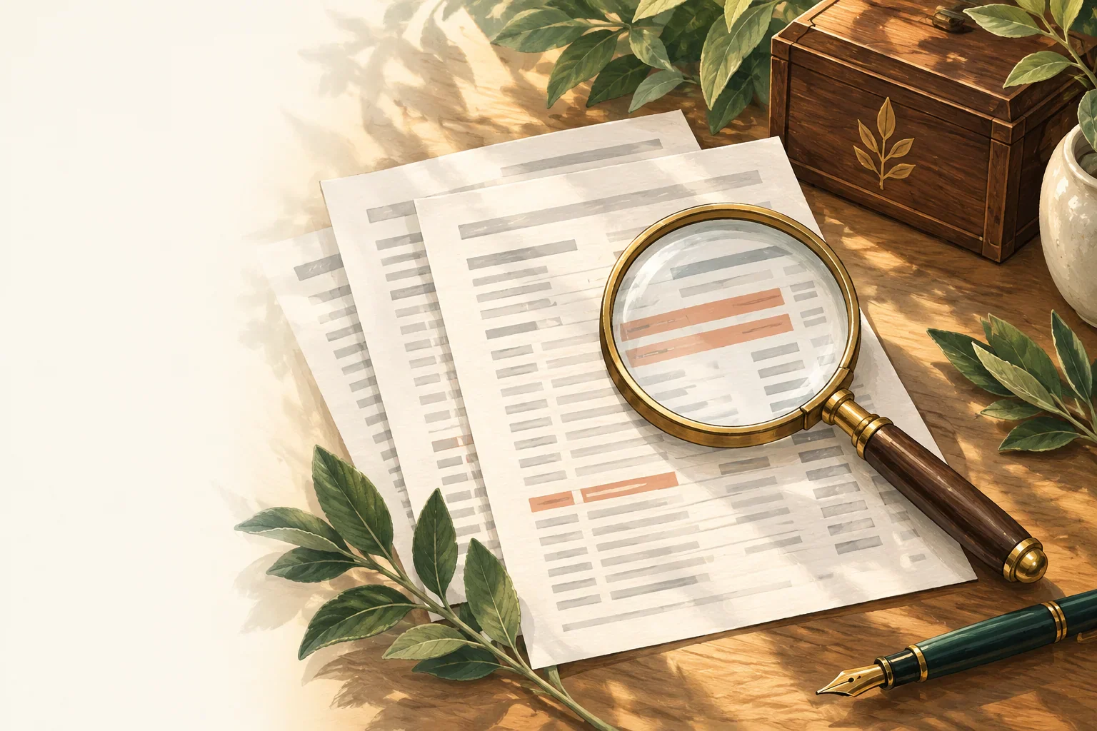 A magnifying glass beside statement pages and a wooden ledger coffer