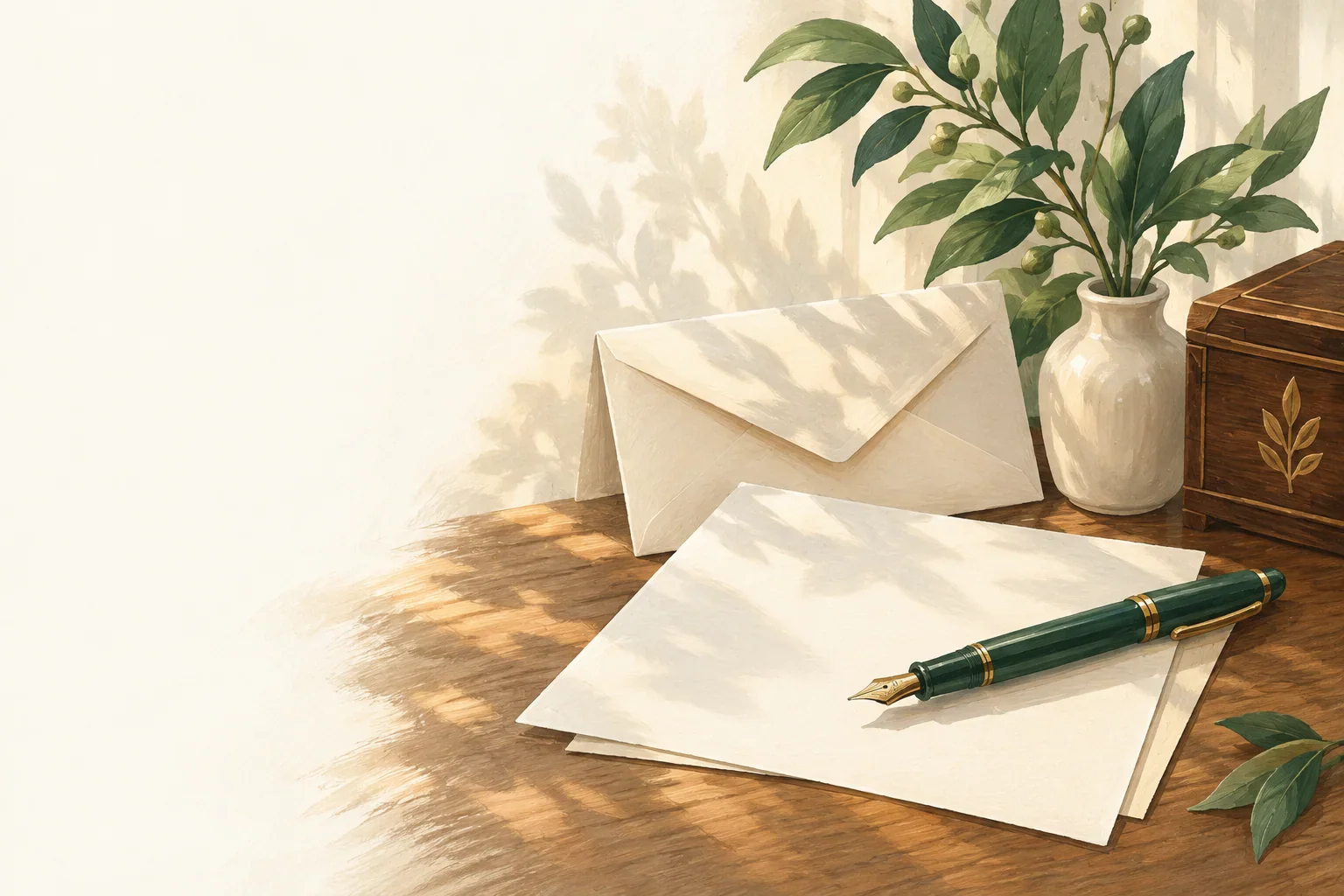An open envelope beside a leafy branch on a sunlit desk
