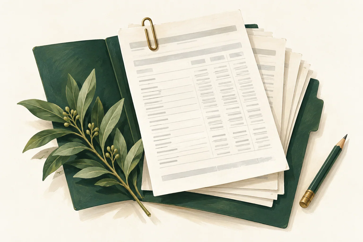Statement papers on a green folder with a brass clip, leafy branch and pencil