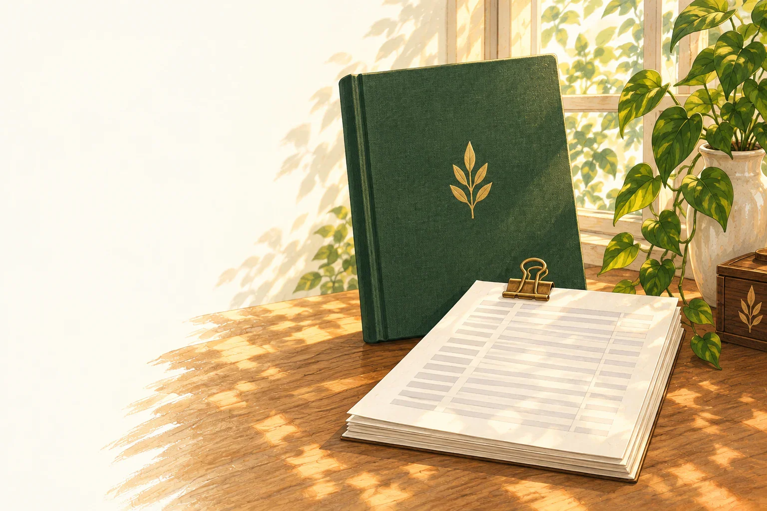 A forest-green workbook and clipped statement pages on a sunlit desk